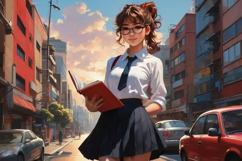 Anime girl, standing, solo, (18yo), beautiful detailed eyes, light blush, curly brown hair, ponytail, fringe, glasses, elegant makeup, white shirt, short skirt, black stockings, red sneakers, holding 