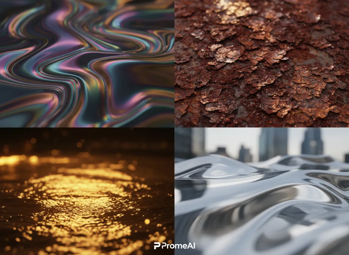 PromeAI द्वारा उत्पन्न चार अलग-अलग लिक्विड मेटल बनावटों को प्रदर्शित करने वाला एक ग्रिड, जिसमें इंद्रधनुषी, जंग लगी, पिघला हुआ सोना और चिकना क्रोम शामिल है।