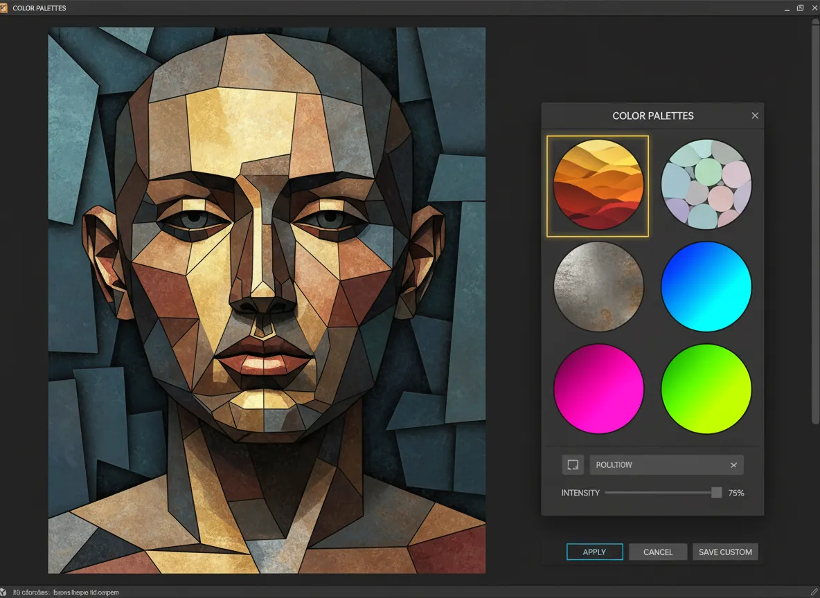Uno screenshot dell'interfaccia utente che mostra varie opzioni di palette di colori applicate a un ritratto in stile cubista.