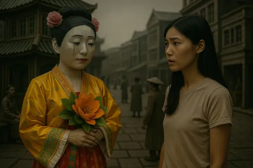 two girls stand next to each other in front of an asian doll,photo manipulation,geisha,geisha girl,oriental girl,oriental painting,world digital painting,offerings,girl in a historic way,the girl's fa