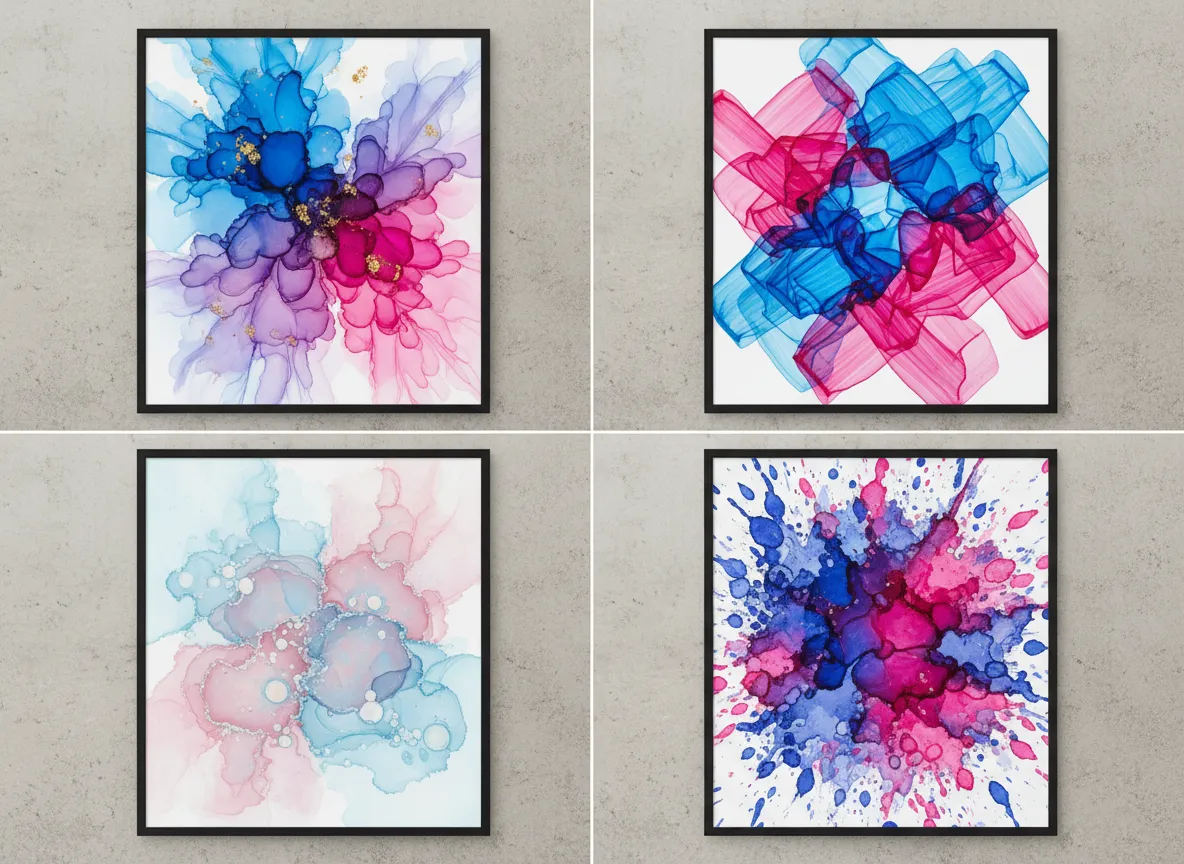 Ein Raster von vier verschiedenen Alkoholtinten-Variationen, das unterschiedliche abstrakte Farbmischstile von Blau bis Pink zeigt.