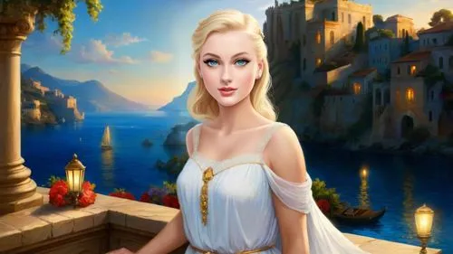 Romantic masterpiece oil painting, cute goddess girl portrait, nostalgic 1950's style kitsch, breathtaking beautiful Greco Roman seaside harbor, majestic fantasy Greek scenery, Ancient Rome empire, ev