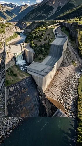   سد وحاجز مائي بين ضفتين بين  جبلين ساهقان  لحجز المياه النازله من الجبل ,an image of a dam on the water,hydroelectric,hydroelectricity,dam,spillways,dams,spillway,waterpower,water power,reservoirs,d