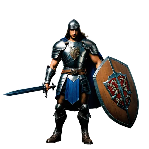 Paladin, RPG Game, Physically imposing, with a confident, noble bearing, Their physique blends the strength of a warrior with a cleric's grace, Adorned in shining armor, typically wielding a sword and
