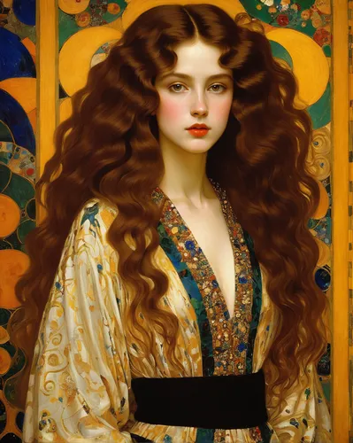 A good looking girl with big brown wavy hair and a gorgeous outfit，by Gustav Klimt,art nouveau,mucha,oriental longhair,art nouveau design,portrait of a girl,orientalism,art deco woman,lilian gish - fe