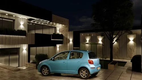 Changing the angle of the car relative to the garden ,an electric blue car is parked outside an apartment building,car showroom,carport,carports,fiat 500,renders,render,underground garage,electric cha