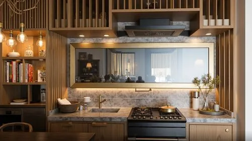 A modern kitchen with a sleek black marble island, plush barstools, and warm pendant lighting, complemented by floor-to-ceiling windows for natural light.,a kitchen with an oven and cabinets, a counte