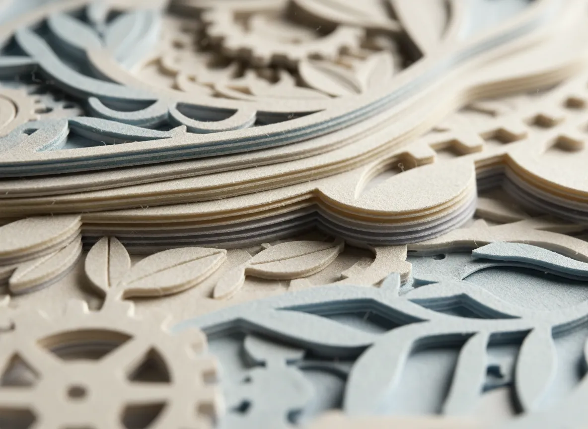 A close-up macro shot of an AI-generated paper art illustration, focusing on the detailed texture of the paper and the clean cut edges.