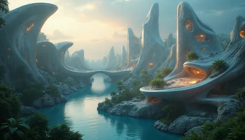 an image of a futuristic landscape that looks great,futuristic landscape,fantasy landscape,alien world,elves country,alien planet,wonderlands,fantasy picture,citadels,fantasy world,terraformed,fantasy