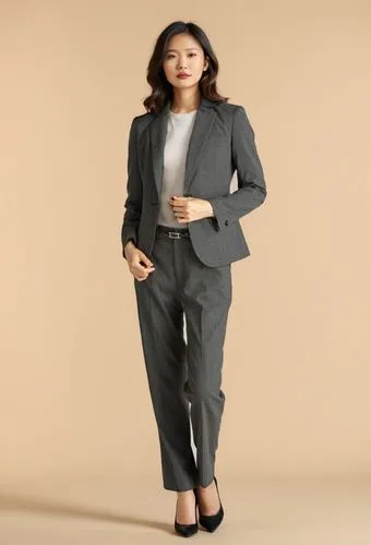 a woman standing in front of a beige wall,business woman,businesswoman,woman in menswear,menswear for women,pantsuits,pantsuit