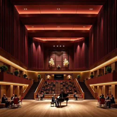 Luxurious concert house interior, grand piano centerpieces, velvet curtains, acoustic soundproofing, intimate seating arrangements, warm ambient lighting, wooden flooring, sound-absorbing panels, mini