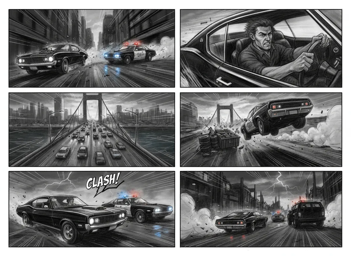 Una sequenza di quattro pannelli di storyboard in un dinamico stile Schizzo a Carboncino che raffigura un inseguimento in auto.