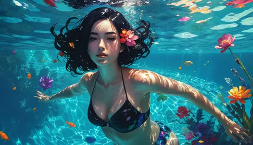 /imagine prompt: Caucasian woman with black hair wearing colorful florals and swimming underwater in the pool::3 concept art::3 natural lighting::3 panorama::3  --aspect 16:9 --niji 5 --quality .25,un