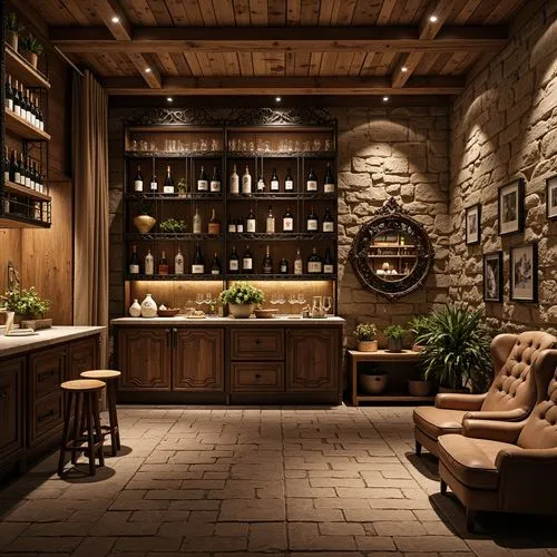 Rustic wine cellar, distressed wooden shelves, vintage metal racks, reclaimed wood accents, earthy stone walls, soft warm lighting, dimly lit ambiance, ornate wooden cabinets, decorative ironwork, wor