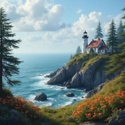 a lighthouse on a cliff overlooking the sea with trees and flowers around it,a lighthouse by the sea ,lighthouse,lighthouses,coastal landscape,coastline,light house,cliffs ocean,red lighthouse,cliffto
