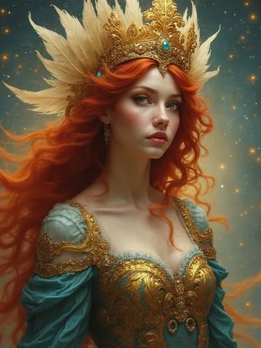 Photorealistic illustration of a red-haired woman with a feathered gold crown, in gold and blue attire, on a celestial background, fantasy baroque style, evoking Mucha,,an artistic portrait of a woman
