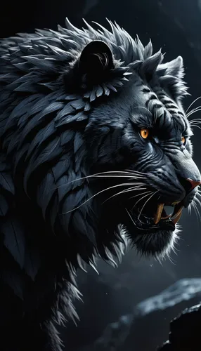 Black, fluffy, huge fantastic beast from another planet, on four legs, similar to a saber-toothed black tiger, black wings, strong paws, black eyes, darkness, cave background, very dark background,,gr