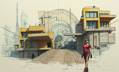 woman walking down street with yellow building in background,transistor,wonder woman city,sketching,concept art,redevelop,coloring,fashion sketch,architect,study,roughs,reconstructs,facade painting,gi
