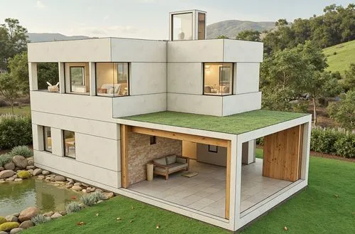 dos casas linderas , minimalistas , de estilos diferentes , con paredes de mamposteria estucada , en colores engamados y carpinterias de madera , panelo solar en el techo  y un jardin circundate , con