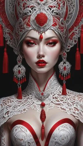 A woman with a porcelain skin, like complexion, adorned with intricate red and white tattoos, stares directly at the viewer. Her eyes are a deep crimson, and her lips are painted a soft red. She wears