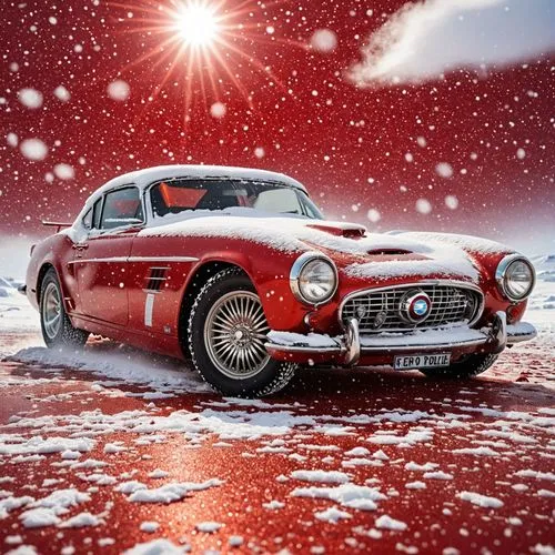 red-metallic, drifting, south pole, heavy snow, sunny day,red car in a snowy scene with stars,car wallpapers,winter tires,red vintage car,auto union,retro car,alpine style,winter background,snowflake 