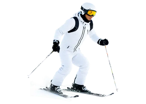 winter sports, male skier, dynamic pose, sunglasses, helmet, white snowsuit, gloves, ski boots, ski poles, snowy mountain, morning sunlight, blue sky, panoramic view, action shot, fast shutter speed, 