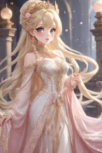Blonde hair with pink spots, wearing a princess outfit.,a very pretty and anime character dressed up,rielle,lumi,white rose snow queen,corrin,peignoir,deirdre