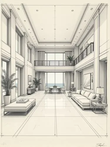 draw me an artistic drawing of a very large modern home interior. Use your creativity and artistic talents to make the drawing look very luxurious, beautiful, yet also abstract. The drawing should hav
