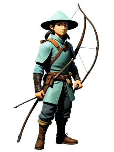 a tiny cute humanoid ronin samurai with mushroom cap hat,quarterstaff,longbow,bow and arrows,yi sun sin,goki,robin hood,mulan,erhu,swordsman,ranger,draw arrows,bows and arrows,patrol,musketeer,link,th