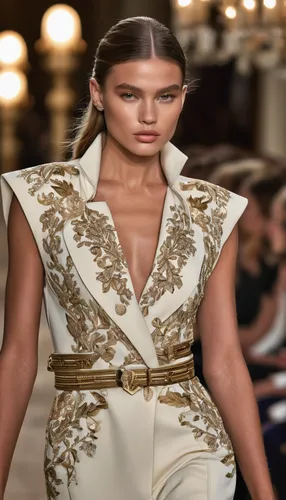 Fashion runway photography, haute couture, Ralph Lauren style, old money, 8K, high resolution, high detail, smooth, hyper realistic, fine skin texture
,menswear for women,french silk,bodice,embellishm
