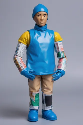 Write a thought-provoking drama about a troubled artist who creates stunning sculptures using discarded head covers, raising awareness about identity and culture.,smurf figure,paramedics doll,aquanaut