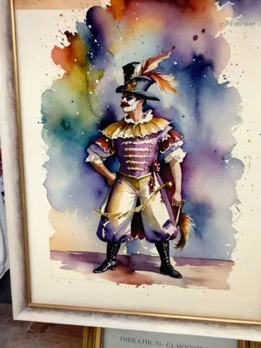 Мужчина в театральном костюме и гриме,a painting of a man in an outfit,watercolor frame,watercolor sketch,watercolor painting,watercolor,harlequin,watercolors