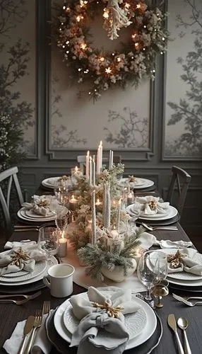 A cultural Christmas wallpaper featuring festive table settings, styled with monochrome tones, evoking a festive and cheerful atmosphere.,the dinner table is set for a holiday meal,tablescape,table ar