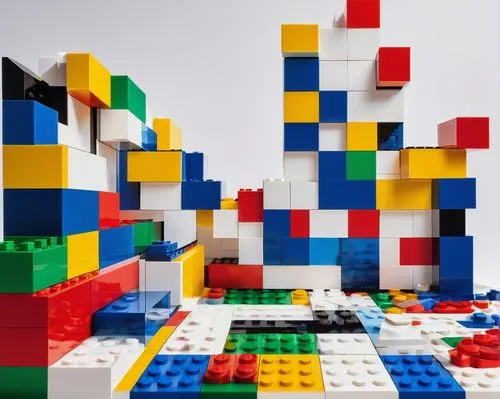 Studio, Lego, architecture, modern, white background, highly detailed, angular, bright colors, bold lines, geometric shapes, symmetrical composition, centered focus, abstract, futuristic, sleek, minim