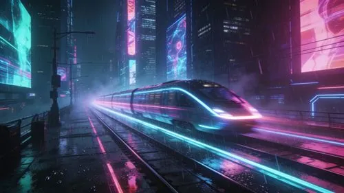 A high-tech, cinematic cyberpunk scene featuring a futuristic train speeding through a neon-lit city at night. The train is sleek and glowing, leaving a trail of motion blur as it moves along glowing 