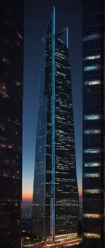 Dalle Espace, futuristic skyscraper, sleek metallic exterior, neon lights illuminating the night sky, towering high-rise building, majestic urban landscape, bustling metropolitan city, glass windows r