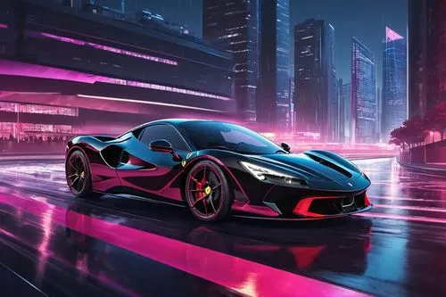 BLACK MCLAREN WITH MAGENTA RIMS. SUPERCAR. BLACK. NIGHT. DOWNTOWN BACKGROUND. MOTION BLUR. BRIDGE. IMPRESSIVE ANGLE. MOTION SHOT. SPEED.,Supercar Expirament 0.2,3d car wallpaper,car wallpapers,aperta,