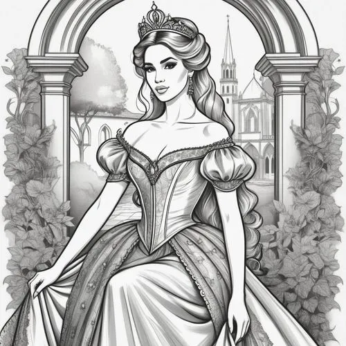 A beautiful, elegant woman with long, wavy brown hair, wearing a stunning, off-the-shoulder, silver corseted dress with puffed sleeves and a flowing skirt. she is seated in the middle of the image, wi