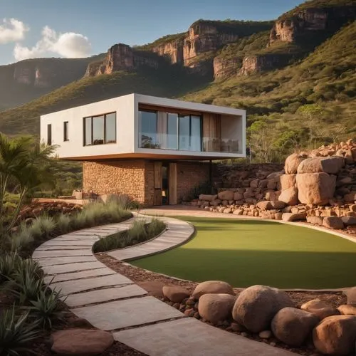 Casa de dois andares em estilo industrial, localizada em uma planície aberta próxima a uma montanha. A estrutura possui elementos típicos do estilo industrial, como tijolos aparentes, grandes janelas 