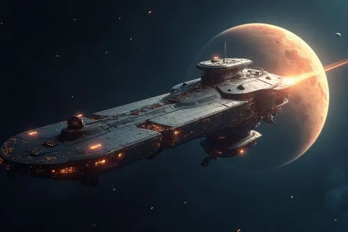 UNa nave espacial orbitando a Jupiter en el espacio,an image of a small space ship with a massive moon behind it,dreadnaught,fast space cruiser,enterprise,interceptor,lunar prospector,constellation sw