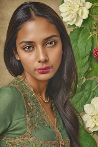 Woman with clothes standing, Botanical illustration, detailed and realistic, vintage style, great for botanical books.,the painting is of a girl with long dark hair,suhana,mandodari,navya,pragathi,ind