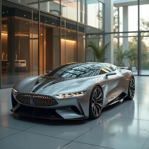A high-tech luxury hatchback with a refined, organic design that features soft, flowing lines and a distinctive rear spoiler. The body is finished in a polished chrome with minimal chrome detailing, a