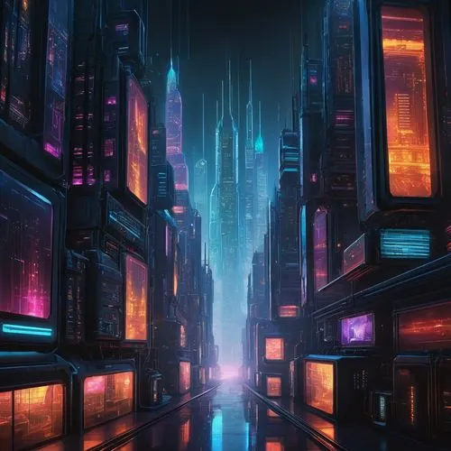 Linux operating system, futuristic cyberpunk cityscape, neon lights reflecting off skyscraper windows, intricate circuitry patterns on walls, robotic arms extending from buildings, holographic adverti