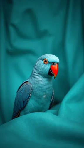 A stunning turquoise parrot perches gracefully against a soft, crumpled teal fabric backdrop. Its vivid red beak contrasts sharply with the bird’s serene blue feathers, creating a striking focal point