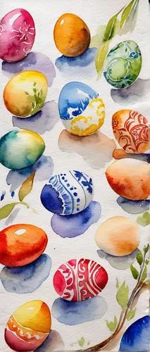 In a small village, describe the process of painting traditional Sorbian Easter eggs.,watercolor fruit,watercolor seashells,painted eggs,watercolor baby items,painting eggs,watercolor background,water