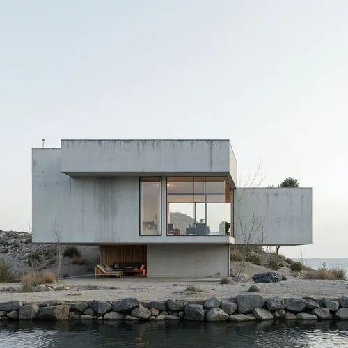 on the sea,the cement structure is next to a body of water,house by the water,dunes house,cubic house,beach house,danish house,summer house,house with lake,snohetta,cantilevered,deckhouse,inverted cot