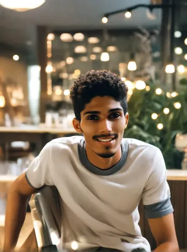 A beautiful boy sit in chair ,african american male,arab,black male,ceo,sitting on a chair,oman,barista,coffee background,yemeni,young man,afroamerican,african-american,background bokeh,lukas 2,pakist
