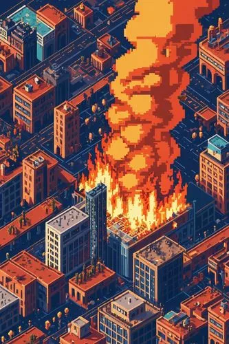 8-bit illustration of an urban city on fire, video game level, daytime,city in flames,fire background,apocalypse,destroyed city,fire land,wildfire,inferno,apocalyptic,refinery,volcano,explode,fires,bu
