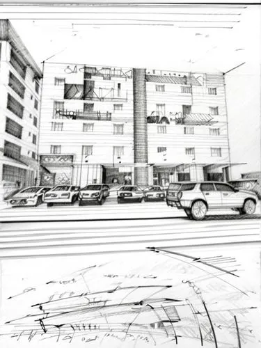 two drawings of a city street with parked cars and buildings,medical center,storyboard,hosp,hospital,polyclinic,storyboards,penciling,roughs,university hospital,facade painting,infirmary,work place,re