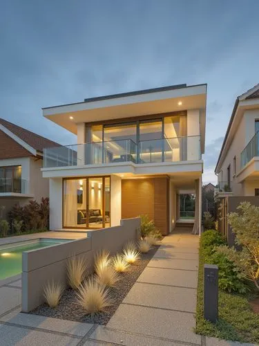 A modern two-story house with a contemporary design, located in a suburban area. the house has a sleek, minimalist exterior with large glass windows and wooden blinds, allowing natural light to filter